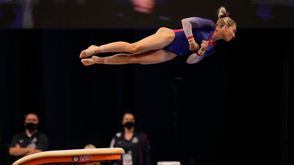 MyKayla Skinner competes on the vault during the women's U.S. Olympic Gymnastics Trials Sunday, June 27, 2021, in St. Louis. (AP Photo/Jeff Roberson)