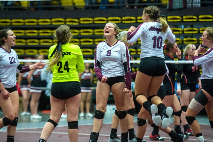 (Chris Detrick  |  The Salt Lake Tribune)  North Sanpete's Kelsie Nielson (16) celebrates scoring a point during the the 3A volleyball state championships at the UCCU Center at Utah Valley University Thursday, October 26, 2017.  Morgan defeated North Sanpete 3-0.