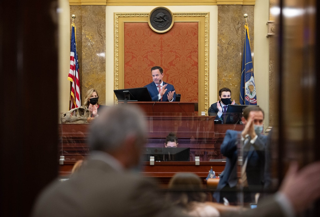 (Francisco Kjolseth  | The Salt Lake Tribune) House Speaker Brad R. Wilson, R-Kaysville, conducts business during in the final hours of the Legislature’s 2021 general session at the Capitol in Salt Lake City on Friday, March 5, 2021.