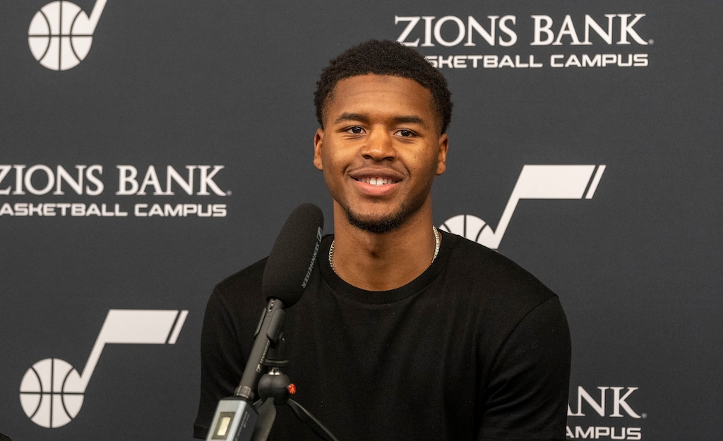 (Rick Egan | The Salt Lake Tribune) Newly drafted Jazz guard Jared Butler answers questions from the media during a news conference at the Zions Bank Basketball Campus, on Saturday, July 31, 2021.