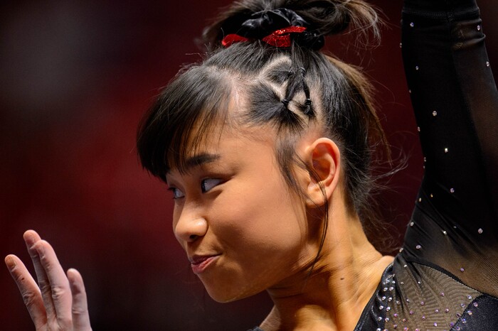 (Trent Nelson  |  The Salt Lake Tribune) Kim Tessen on the floor as the University of Utah hosts Arizona State, NCAA gymnastics in Salt Lake City on Friday, Jan. 24, 2020.