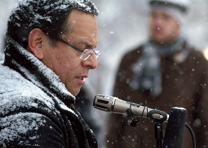Henry Roman, president of the Denver Classroom Teachers Association, speaks during a news conference outside the Colorado State Capitol on Wednesday, Feb. 6, 2019. Teachers said they plan to strike next week after state officials declined to intervene in a pay dispute between the educators and the school district. The DCTA represents 5,635 educators in the school system. (AP Photo/Thomas Peipert)