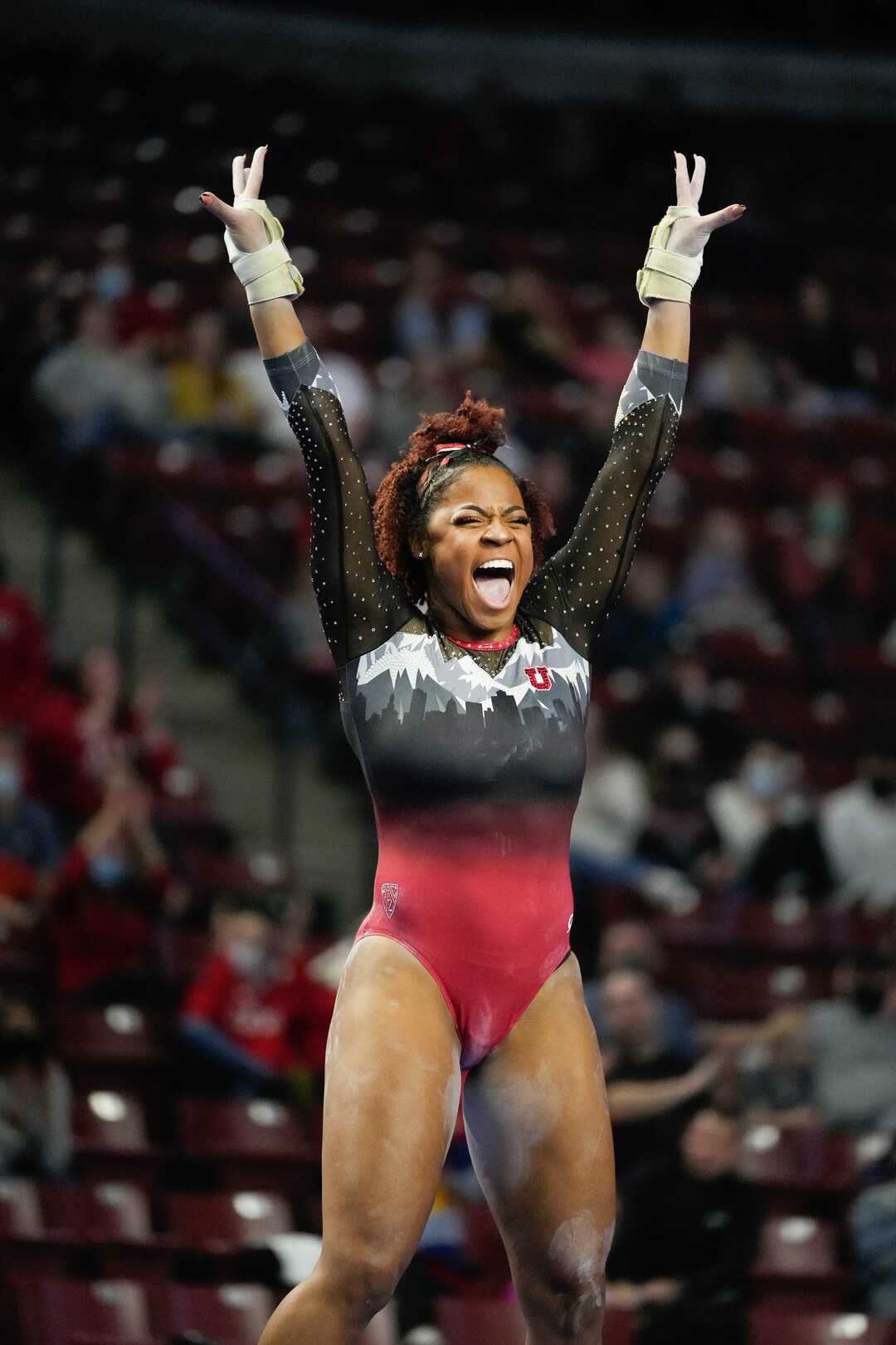 (Francisco Kjolseth | The Salt Lake Tribune) Utah’s Cammy Hall celebrates her vault at the Best of Utah NCAA Gymnastics Meet at the Maverik Center in West Valley City on Friday, Jan. 7, 2022.