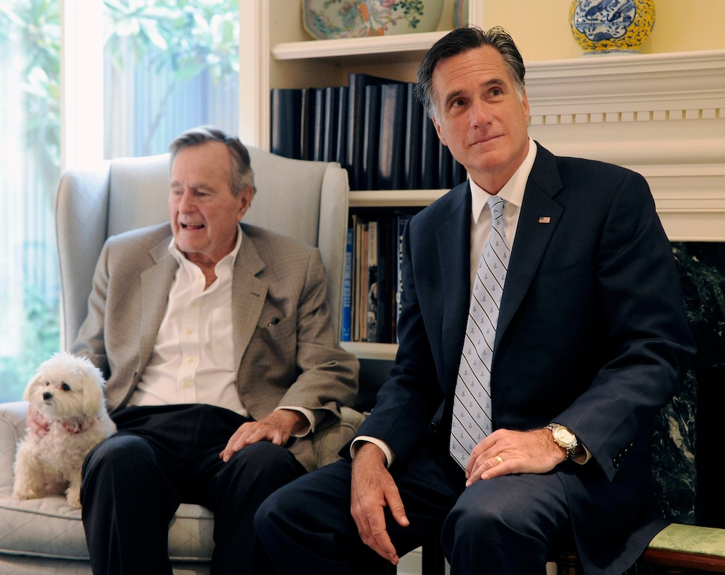 FILE - In this Dec. 1, 2011 file photo, Republican presidential candidate, former Massachusetts Gov. Mitt Romney meets with former President George H.W. Bush in Houston. The former president plans to endorse Mitt Romney, further urging the Republican Party to coalesce around the former Massachusetts governor's presidential campaign. (AP Photo/Pat Sullivan)