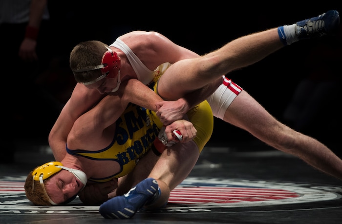 (Rick Egan  |  The Salt Lake Tribune)   Tanner Shields (Delta) wrestles Grange Simpson (San Juan) in the 170 weight class, in the 4A State Wrestling Championships at UVU in Orem, Saturday, February 10, 2018.