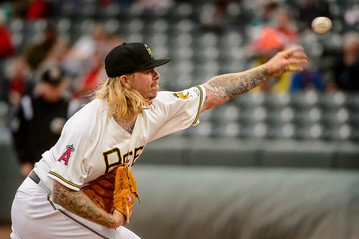 (Trent Nelson | The Salt Lake Tribune)  Salt Lake Bees vs. Albuquerque Isotopes, Triple-A baseball in Salt Lake City, Thursday April 5, 2018. Salt Lake pitcher John Lamb in the first inning.