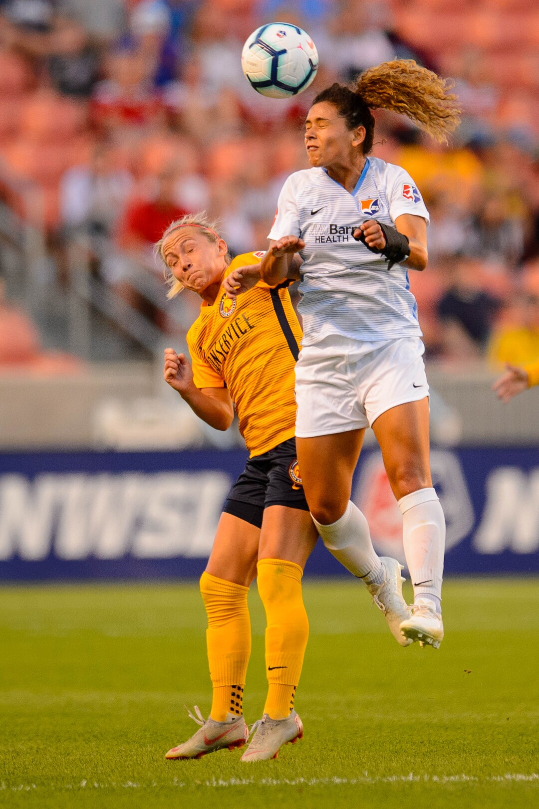 (Trent Nelson  |  The Salt Lake Tribune)  Sky Blue FC midfielder Raquel Rodríguez (11) heads the ball over Utah Royals FC midfielder Gunnhildur Jónsdóttir (66) as Utah Royals FC hosts Sky Blue FC at Rio Tinto Stadium in Sandy on Saturday June 15, 2019.