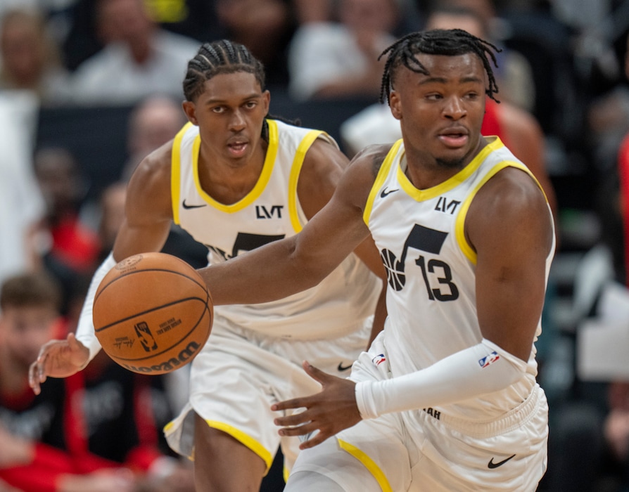 (Rick Egan | The Salt Lake Tribune) Utah guard Isaiah Collier (13) leads a fast break for the Jazz, in NBA preseason action between the Utah Jazz and the Houston Rockets, at the Delta Center, on Monday, Oct. 7, 2024.