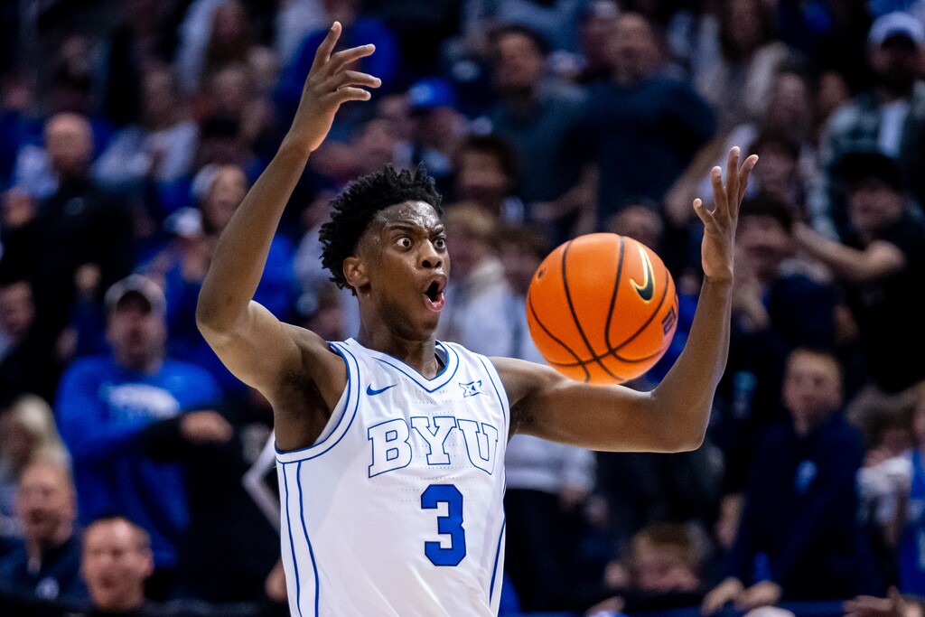 (Trent Nelson  |  The Salt Lake Tribune) BYU Cougars forward AJ Dybantsa (3) reacts to a call as BYU hosts Texas Tech, NCAA basketball in Provo on Saturday, March 7, 2026.