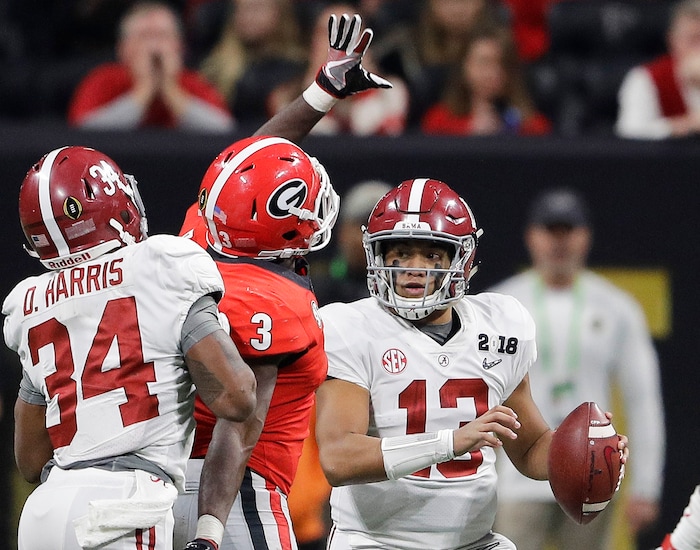 Alabama quarterback Tua Tagovailoa drops back to pass during the second half of the NCAA college football playoff championship game against Georgia Monday, Jan. 8, 2018, in Atlanta. (AP Photo/David J. Phillip)