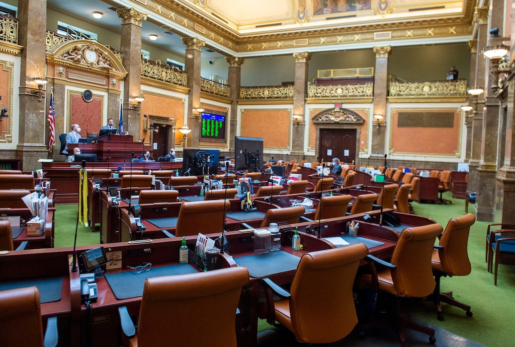 (Rick Egan  |  Tribune file photo)   Speaker Brad Wilson conducts business in a special session in House Chambers, in front of video monitors and a nearly empty room, Thursday April 16, 2020
