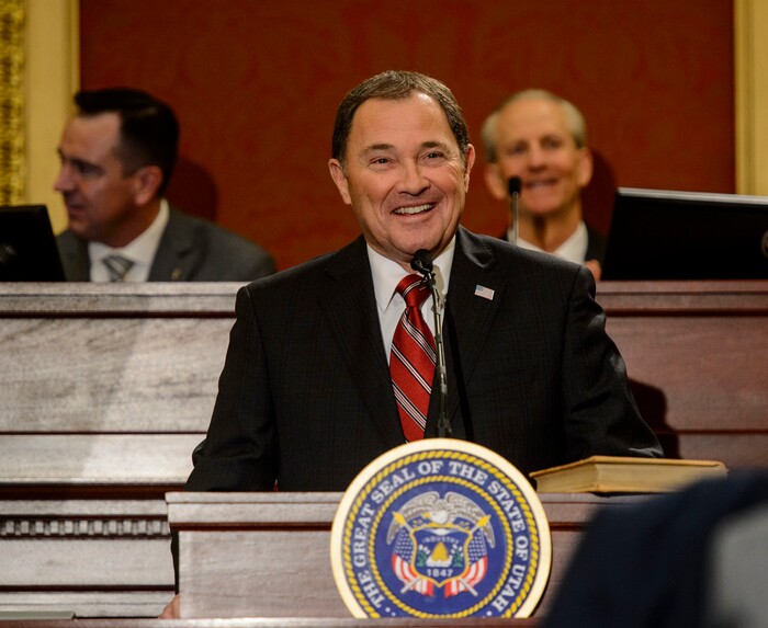 (Steve Griffin  |  The Salt Lake Tribune) Gov. Gary Herbert smiles as he gives his State of the State address in the Utah House of Representatives in Salt Lake City Wednesday January 24, 2018.