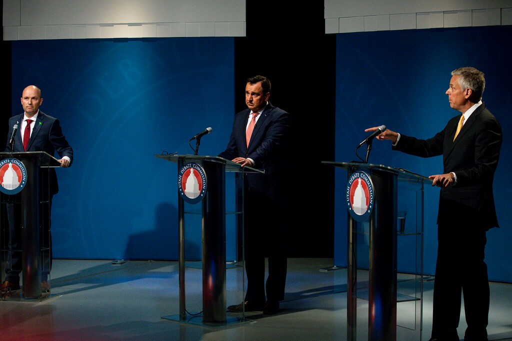 (Ivy Ceballo | Deseret News, file pool photo) Then-Lt. Gov. Spencer Cox, former House Speaker Greg Hughes and former Gov. Jon Huntsman participate in the Utah governor primary debate at the PBS Utah studio at the University of Utah in Salt Lake City, June 1, 2020. A new study says voters switching parties had a minimal effect on the outcome of the race, which Cox won by just over 6,300 votes.