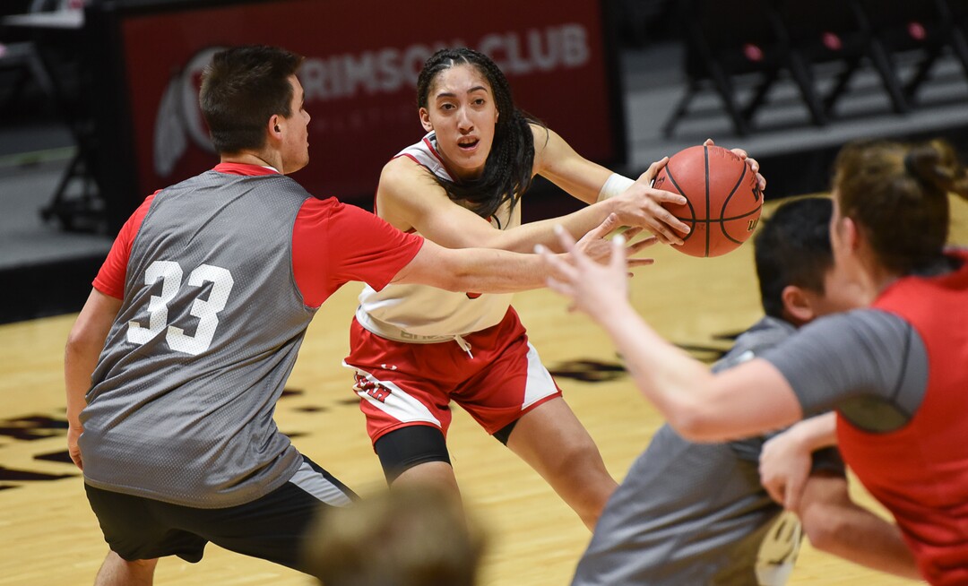(Francisco Kjolseth  |  The Salt Lake Tribune)  Niyah Becker of works out with her team as the Utah women practice at the Jon Huntsman Center on Wed. Jan. 2, 2019, as they prepare for their next game on Friday. The team guided by coach Lynne Roberts has them rolling 12-0, in one of the best starts in program history.