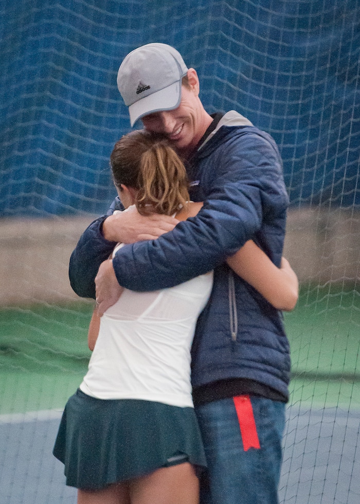 Michael Mangum  |  Special to the TribuneRowland Hall's Katie Foley hugs her coach Tim Sleeper following her victory in the 3A 1st singles state championship match during the Utah high school state tennis finals at the Salt Lake Tennis & Health Club in Salt Lake City on Saturday, September 30, 2017.