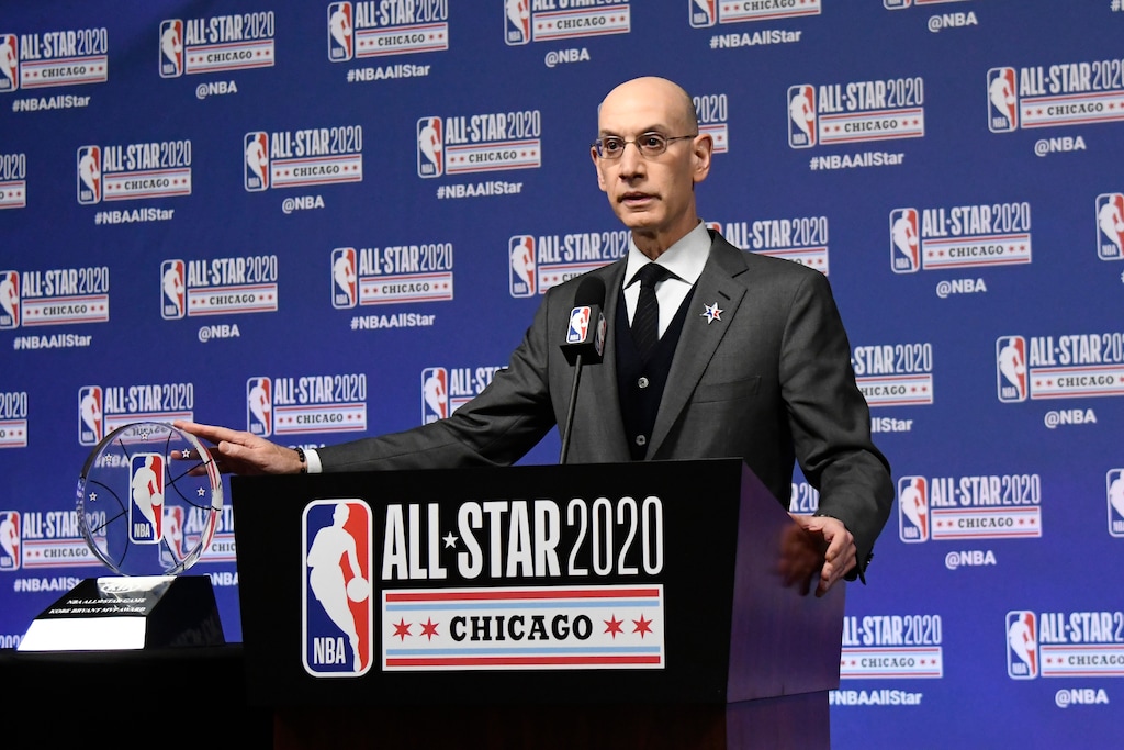 (David Banks | AP) NBA Commissioner Adam Silver unveils the NBA All-Star Game Kobe Bryant MVP Award during a news conference Saturday, Feb. 15, 2020, in Chicago.