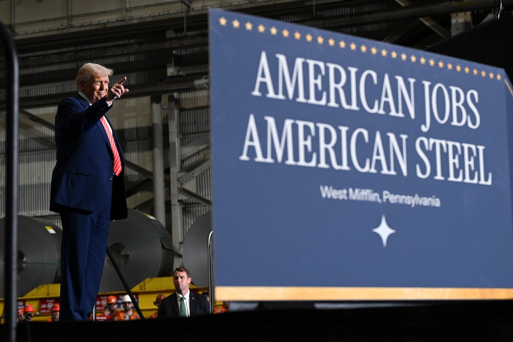(Kenny Holston | The New York Times) President Donald Trump takes the stage to speak at the U.S. Steel Irvin Works in West Mifflin, Pa., on Friday, May 30, 2025.