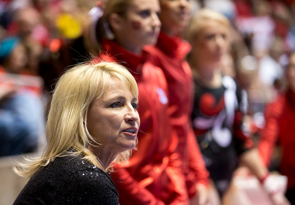 Lennie Mahler | The Salt Lake Tribune
Co-head coach Megan Marsden observes the Red Rocks as they warm up on the uneven bars in a meet against Oregon State, West Virginia, and SUU at the Huntsman Center, Saturday, Jan. 19, 2013. The Red Rocks edged the competition with a final score of 196.950, followed by Oregon State with a score of 195.950.