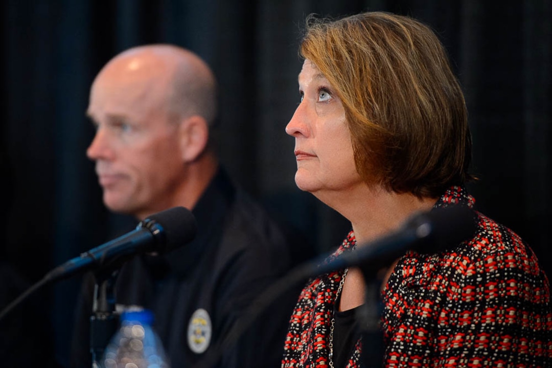 (Trent Nelson | The Salt Lake Tribune)  University of Utah President Ruth Watkins, right, and Police Chief Dale Brophy at a press conference regarding the killing of University of Utah student athlete Lauren McCluskey, in Salt Lake City, Thursday Oct. 25, 2018.