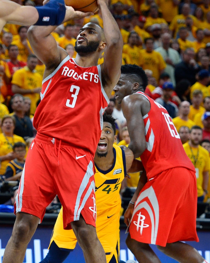 (Scott Sommerdorf | The Salt Lake Tribune)
Utah Jazz guard Donovan Mitchell (45) yells as Houston Rockets guard Chris Paul (3) gets loose for a second half shot. The Rockets beat the Jazz 100-87, Sunday, May 6, 2018.