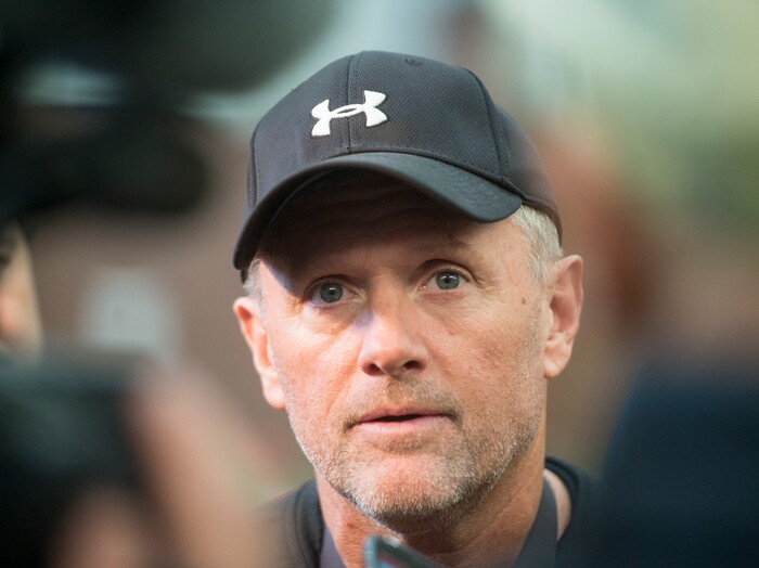 (Rick Egan  |  The Salt Lake Tribune)    Utah head coach Kyle Whittingham talks to the media on the first day of Spring practice, Monday, March 5, 2018.


