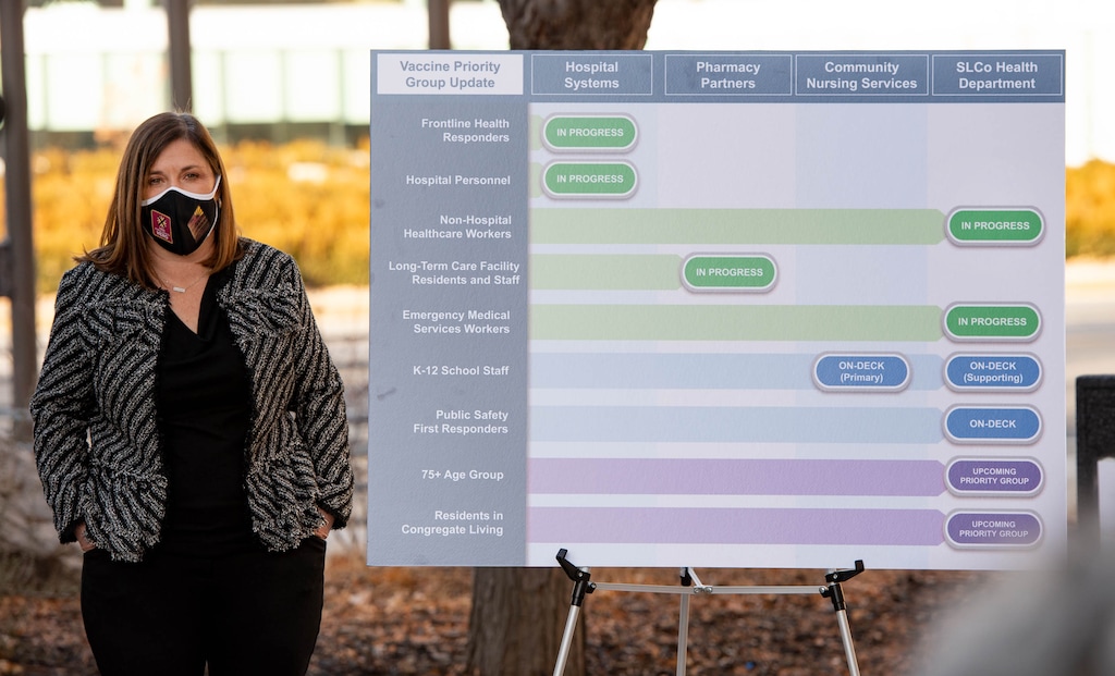 (Francisco Kjolseth  | The Salt Lake Tribune) Salt Lake County Mayor Jenny Wilson attends a press event where the next phase in the COVID-19 rollout was illustrated, as officials answered questions during a press event at the Salt Lake County Government Center on Friday, Jan. 8, 2021.