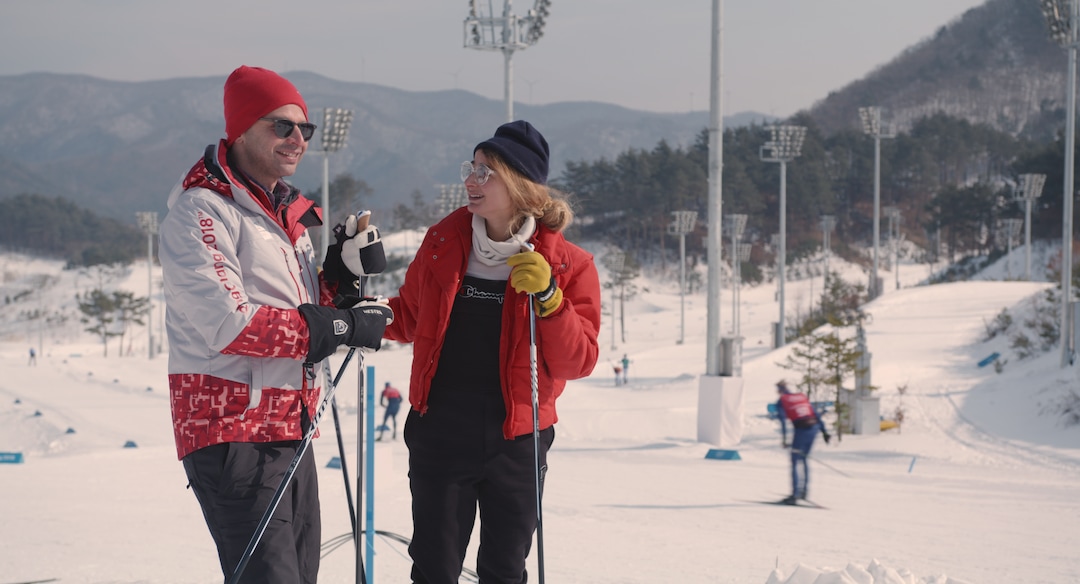 (Photo courtesy of IFC Films) Nick Kroll, left, plays Ezra, a volunteer dentist at the PyeongChang games, and Alexi Pappas, plays Penelope, an Olympic cross-country skier, in the romantic comedy "Olympic Dreams," filmed on location at the 2018 Winter Olympics. It opens Friday, Feb. 21, 2020, at the Broadway Centre Cinemas in Salt Lake City.
