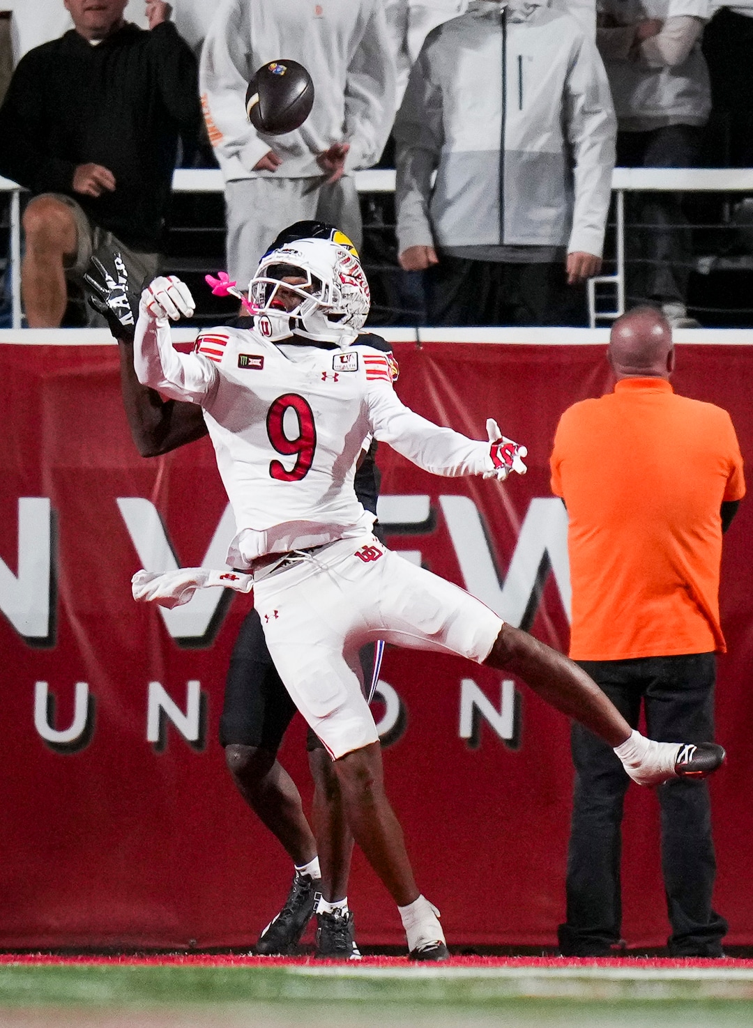 (Bethany Baker  |  The Salt Lake Tribune) Utah Utes cornerback Elijah Davis (9) tips a pass during the game between the Utah Utes and the Kansas Jayhawks at Rice-Eccles Stadium in Salt Lake City on Saturday, Oct. 10, 2026.