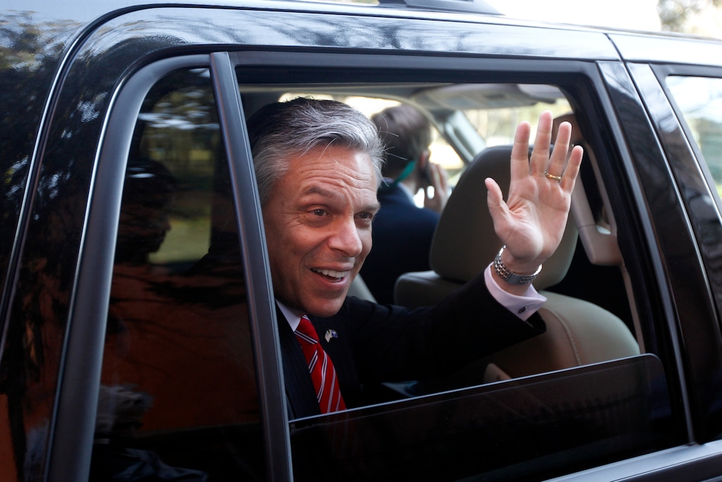 FILE - In this Jan. 15, 2012, file photo, Republican presidential candidate and former Utah Gov. Jon Huntsman waves as he is driven away from a campaign stop in Charleston, S.C. Huntsman said he's ruling out another run for the White House in 2016. Huntsman told reporters in Salt Lake City on Wednesday, Sept. 3, 2014, that he was replying with a "strong no" when asked if he would enter the upcoming presidential race. (AP Photo/Matt Rourke, File)
