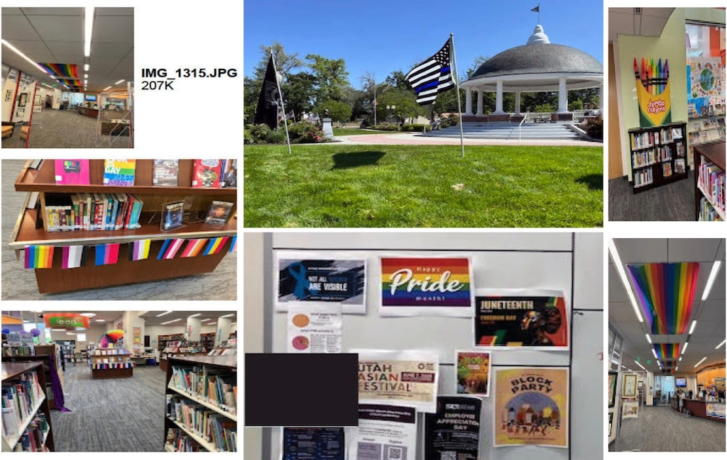 (Office of Utah's state auditor) Images taken from complaints show flags and displays that were referred to the Utah state auditor's office to investigate potential violations of HB77.