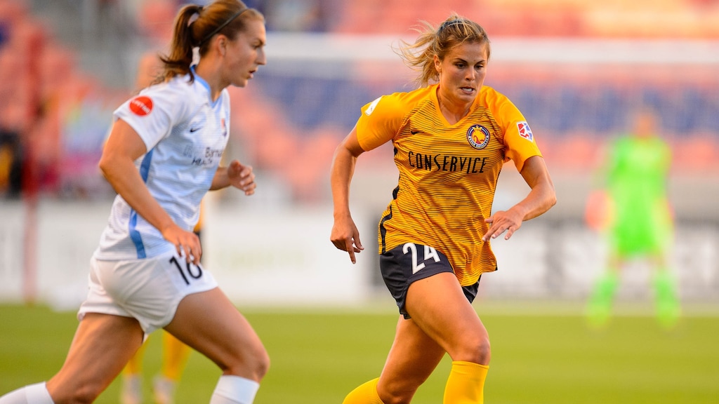 (Trent Nelson  |  The Salt Lake Tribune)  Utah Royals FC forward Katie Stengel (24) as Utah Royals FC hosts Sky Blue FC at Rio Tinto Stadium in Sandy on Saturday June 15, 2019.