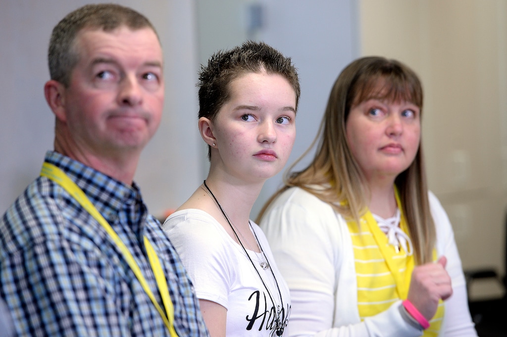 Scott Sommerdorf | The Salt Lake Tribune
Deserae Turner, center, with her father Matt Turner, left, and her mother April Turner, right, during a press conference at Primary Children's Hospital, Thursday, April 20, 2017.