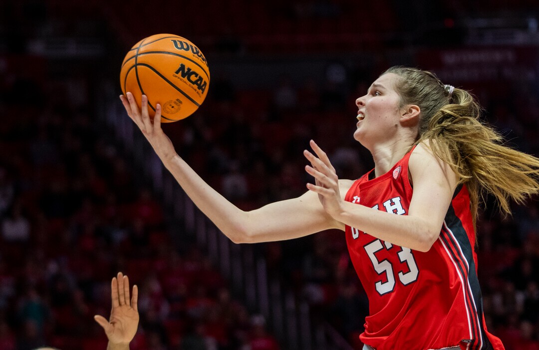 (Rick Egan | The Salt Lake Tribune) Utah Utes forward Kelsey Rees (53) takes the ball inside for a layup, in PAC-12 action, at the Jon M. Huntsman Center, on Saturday, Feb. 25, 2023.