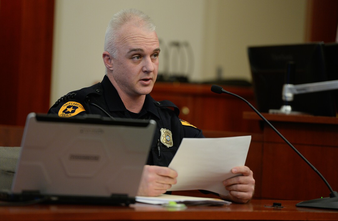(Francisco Kjolseth  |  The Salt Lake Tribune)  Detective Justin Lancaster who specializes in collision reconstruction testifies in a preliminary hearing on Monday, Jan. 8, 2018, for Shutney Kyzer, who on July 4, 2017, allegedly drove a car onto the sidewalk in downtown Salt Lake City, killing one homeless person, 27-year-old Kendra Griffis and injuring five others.