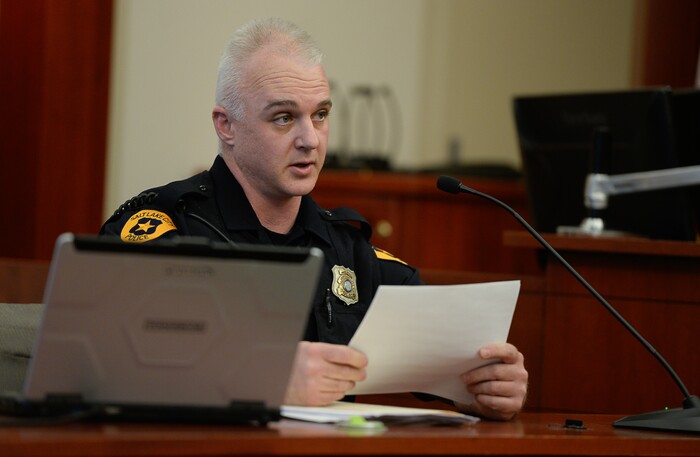 (Francisco Kjolseth  |  The Salt Lake Tribune)  Detective Justin Lancaster who specializes in collision reconstruction testifies in a preliminary hearing on Monday, Jan. 8, 2018, for Shutney Kyzer, who on July 4, 2017, allegedly drove a car onto the sidewalk in downtown Salt Lake City, killing one homeless person, 27-year-old Kendra Griffis and injuring five others.