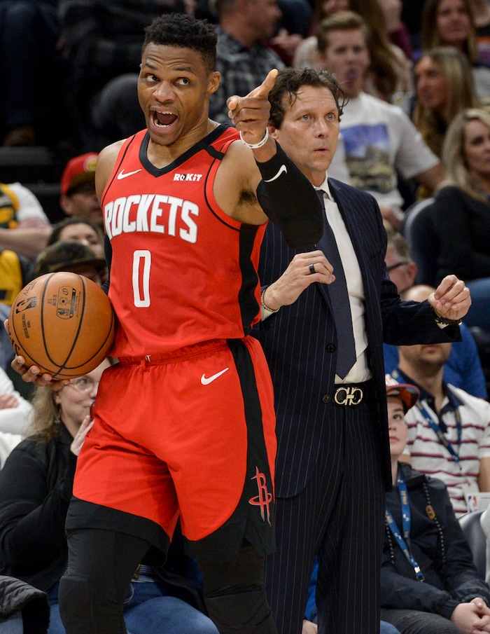 (Leah Hogsten  |  The Salt Lake Tribune)  Houston Rockets guard Russell Westbrook (0) reacts to a foul. The Utah Jazz lost to the Houston Rockets 110-120 at Vivint Arena, Feb. 22, 2020.