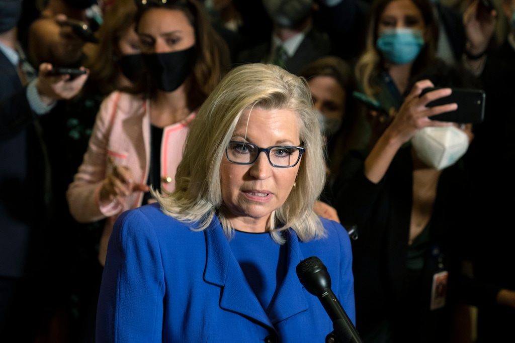 (Manuel Balce Ceneta | AP) Rep. Liz Cheney, R-Wyo., speaks to reporters after House Republicans voted to oust her from her leadership post as chair of the House Republican Conference because of her repeated criticism of former President Donald Trump for his false claims of election fraud and his role in instigating the Jan. 6 U.S. Capitol attack, at the Capitol in Washington, Wednesday, May 12, 2021.