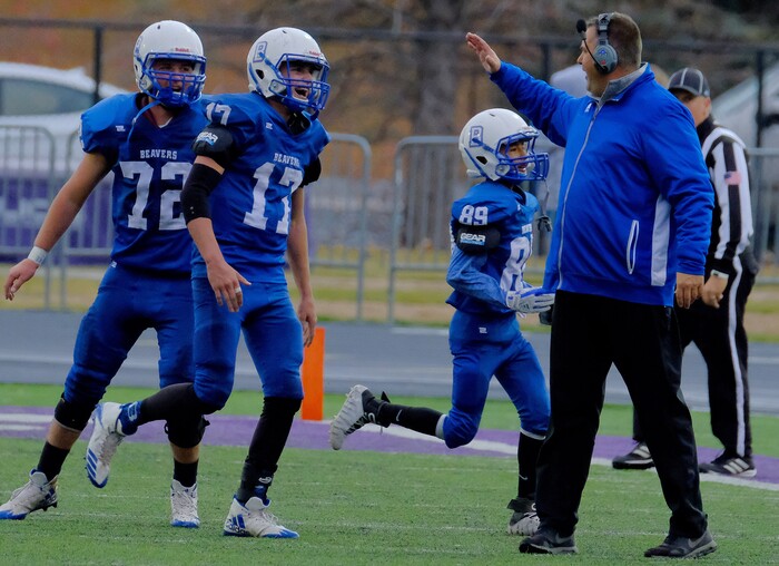 (Leah Hogsten  |  The Salt Lake Tribune) Beaver's quarterback Porter Hollingshead celebrates his touchdown. Beaver High School boys' football team leads Delta High School 35-16 during their class 2A state semifinal football game Saturday, November 4, 2017 at Weber State University's Stewart Stadium.