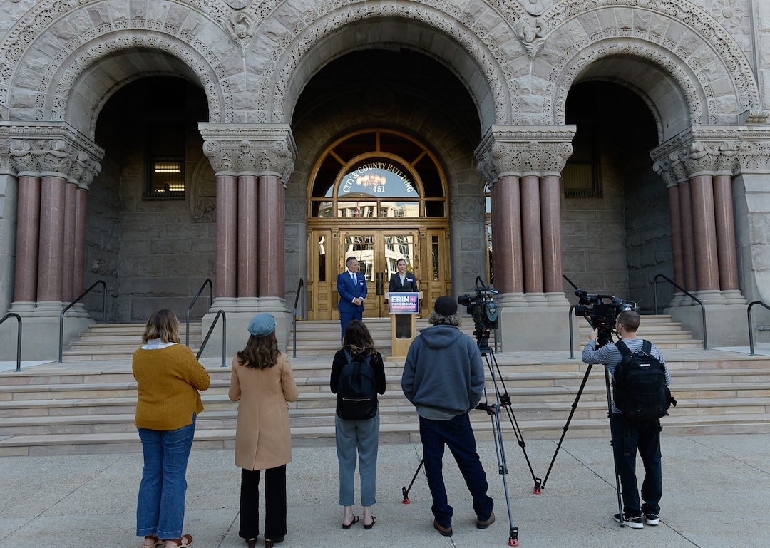 (Francisco Kjolseth  |  The Salt Lake Tribune)  Salt Lake City Councilwoman Erin Mendenhall announces an endorsement from former opponent David Ibarra as they gather on the West steps of the Salt Lake City and County Building on Thursday, Oct. 3, 2019.