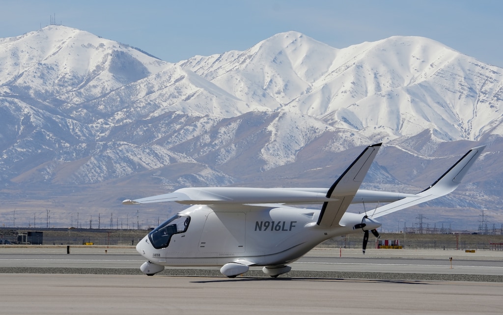 (Chris Samuels | The Salt Lake Tribune) An electric aircraft named ALIA by BETA Technologies taxis at Salt Lake City International Airport on Monday, March 10, 2025, during a multi-day demonstration of the aircraft across Utah.