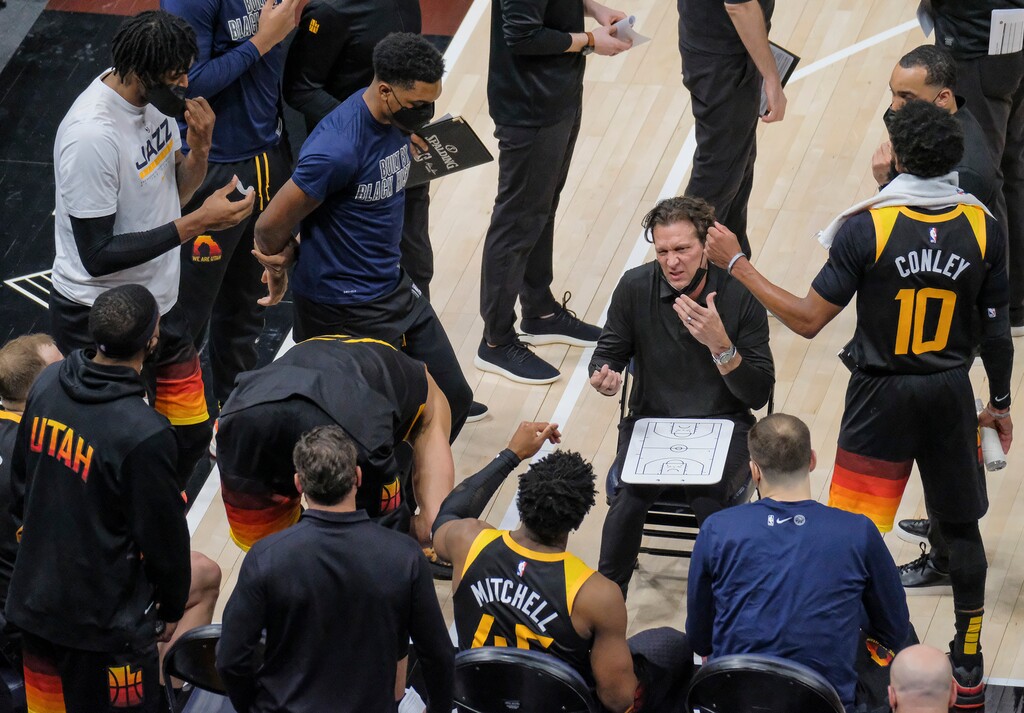 (Leah Hogsten | The Salt Lake Tribune) Utah Jazz head coach Quin Snyder during a timeout as the Utah Jazz take on the L.A. Lakers, Feb. 24, 2021 at Vivint Arena. 