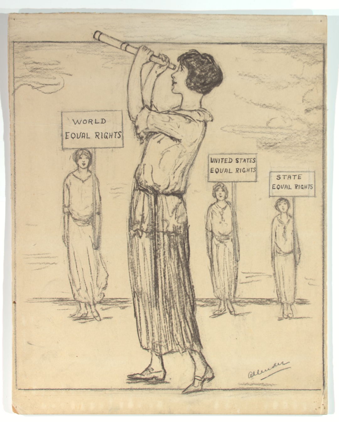 (Courtesy of National Woman's Party) After the 19th Amendment became law, the National Woman's Party asked, "What's next?" Allender captured that idea in this 1923 cartoon.