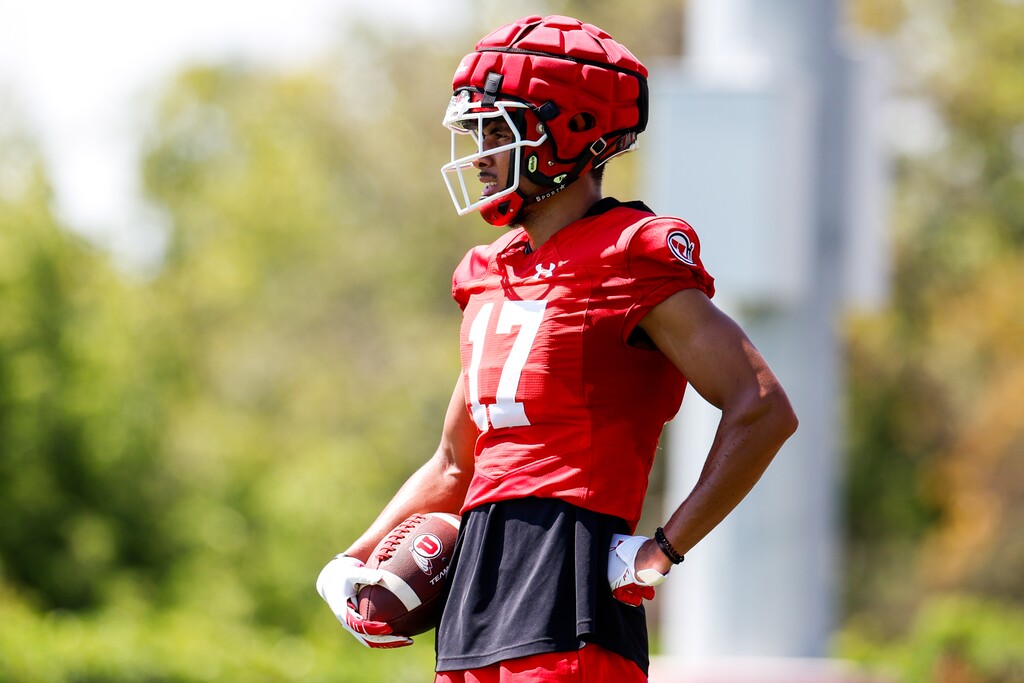 (Hunter Dyke | Utah Athletics) Wide receiver Devaughn Vele participates in Utah football practice Wednesday, Aug. 3, 2022, in Salt Lake City.