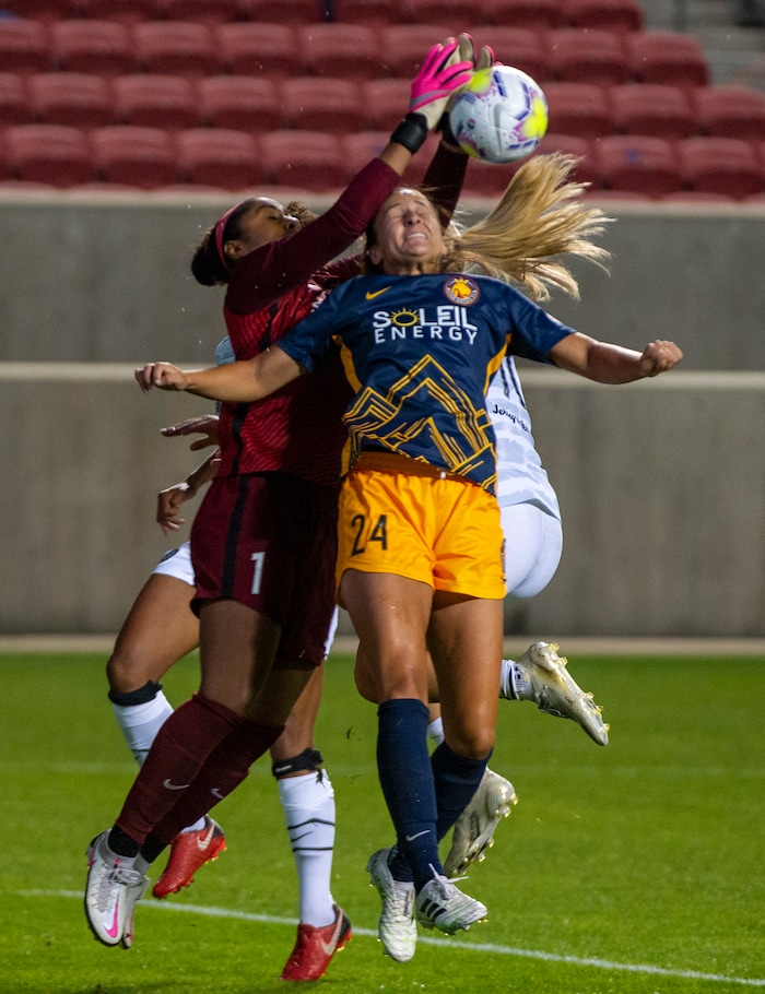 (Rick Egan | The Salt Lake Tribune) Utah Royals FC goalkeeper Abby Smith (1), Utah Royals FC defender Taylor Leach (24) and Portland Thorns FC midfielder Lindsey Horan (10), collide as they go for the ball, in soccer action between Utah Royals FC and Portland Thorns FC at Rio Tinto Stadium, on Saturday, Oct. 3, 2020.