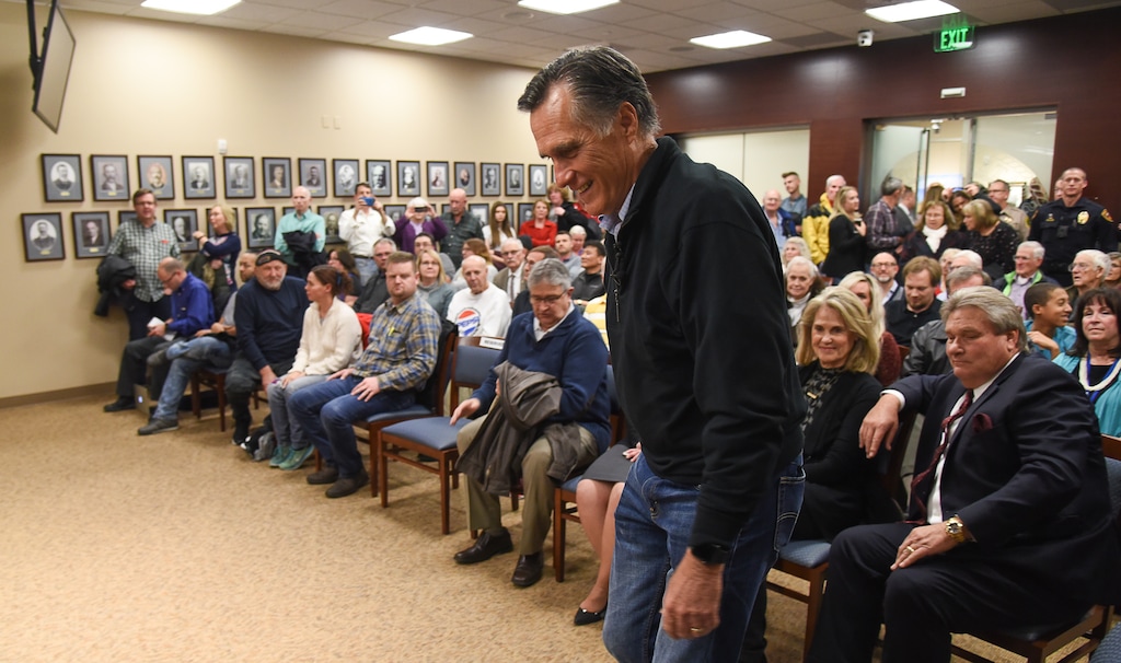 (Francisco Kjolseth | The Salt Lake Tribune) U.S. Senator Mitt Romney arrives for his town hall meeting at the Davis County administration building, Tuesday, January 22, 2019, to hear from local residents.