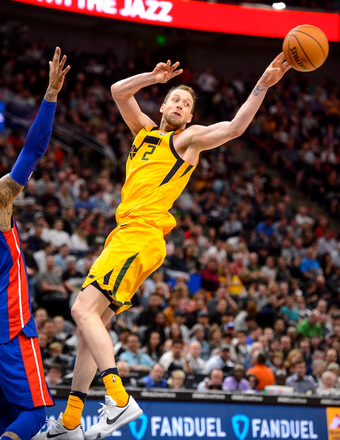 (Steve Griffin  |  The Salt Lake Tribune) Utah Jazz forward Joe Ingles (2) tips a the ball back to a teammate  during the Utah Jazz versus Detroit Pistons at Vivint Smart Home Arena in Salt Lake City Tuesday March 13, 2018.