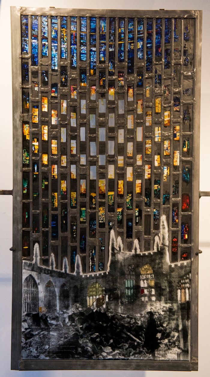 (Rick Egan  |  The Salt Lake Tribune)     St. Michaels Cathedral, Coventry, England, is part of the The McDonald Windows, stained glass exhibit, "Remembered Light," which features fragments from World War II windows. The exhibit brought to Utah by the Salt Lake Interfaith Roundtable & the Peace Committee of the Utah District of Rotary International. The exhibit runs through Nov 17, at 175 South Main, in Salt Lake City. Monday, Oct. 29, 2018.

