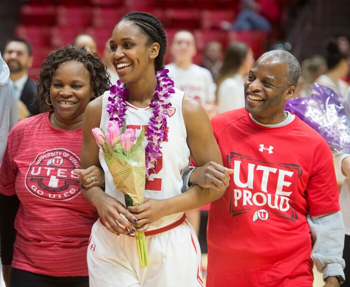 (Rick Egan  |  The Salt Lake Tribune)      Utah Utes forward Tanaeya Boclair (32) Sharee and Tyree with her parents Chiretta and Tyree BoClair, as she his honored on senior night, in PAC-12 women's basketball action at the Jon M. Huntsman Center, Sunday, Feb. 18, 2018.