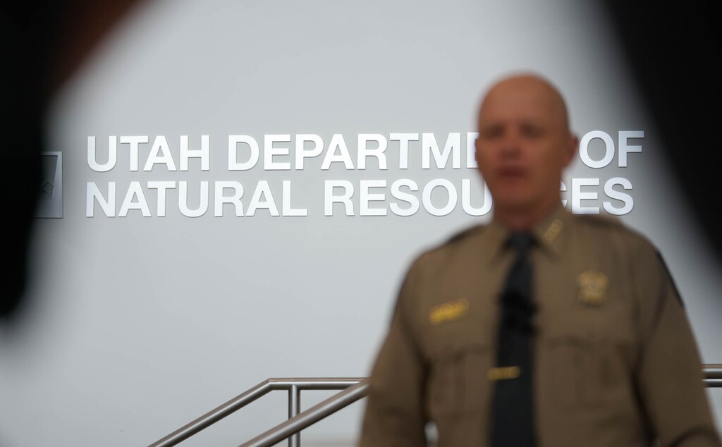 (Francisco Kjolseth | The Salt Lake Tribune) Chief Todd Royce, director of law enforcement for the Department of Natural Resources, gives an update on a DNR officer involved shooting during a traffic stop on an attempt to locate call in Duchesne county on Wednesday, April 16, 2025.