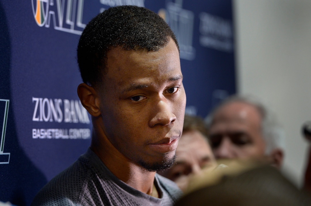 Scott Sommerdorf | The Salt Lake TribuneRodney Hood speaks at the Jazz practice facility, Thursday, April 27, 2017. 